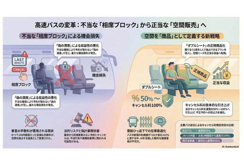空間を売り始めた高速バス, 需給バランスの歪み, 機会損失と法的リスク, 安価な移動とプライバシーの衝突, ペナルティ強化と空間販売, AIとDXによる座席運用, 洗練された移動サービスへの転換