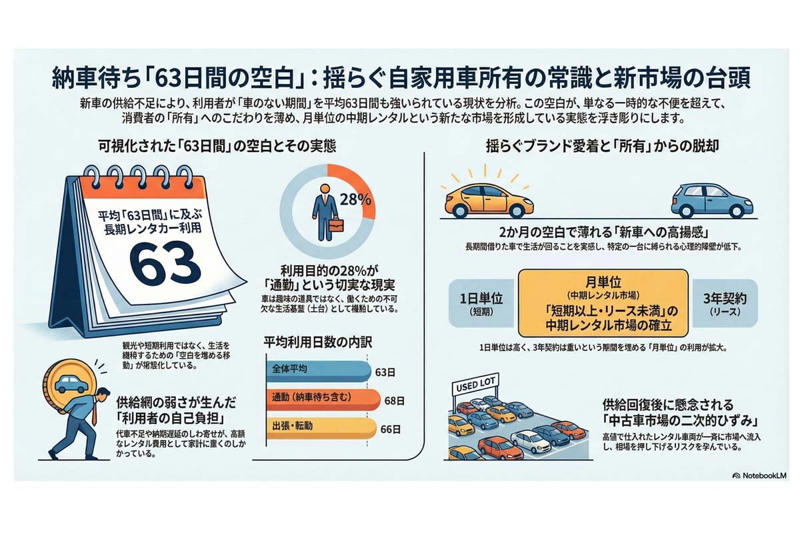 調査が示した「63日」という数字, 「あるはずの車がない」社会, 時間リスクの個人転嫁, 利用体験が書き換える消費行動, 偶然ではない空白