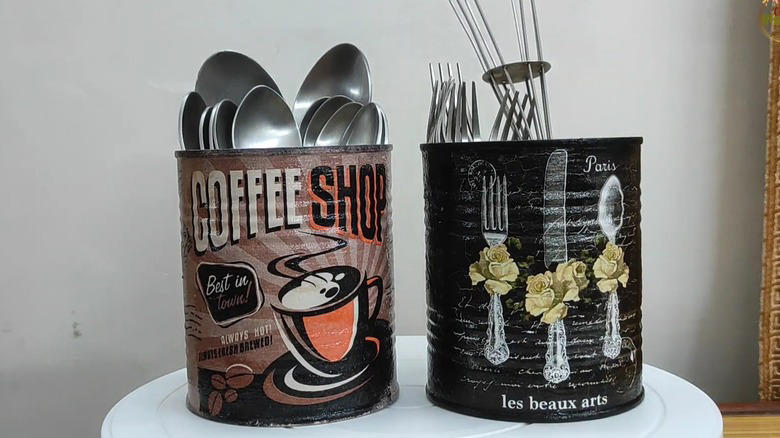 Repurpose a soup can into an adorable planter, Craft metal luminaries from empty soup cans, Transform a metal can into a unique bathroom vase, Make soup cans into chic, vintage-inspired desk organizers, Design a shabby chic carrying caddy from soup containers, Turn a ribbed can into a utensil crock, Decoupage metal cans into labeled pencil holders, Collect cans to make a wind chime, Hang a soup can as a basic bird feeder, Craft farmhouse decor with a smashed soup can, Transform a tin can into a nautical vase for coastal decor, Build a portable tool case out of metal cans, DIY an industrial wine rack from tin cylinders, Create festive tin can streamers