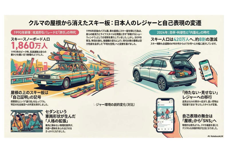 白銀の高速道路を彩った風景, 外に積むしかなかった時代, エネルギー価格と見せる移動, 内側に取り込まれたレジャー, 可視化から不可視化への転換, 再び屋根に何かが載る日