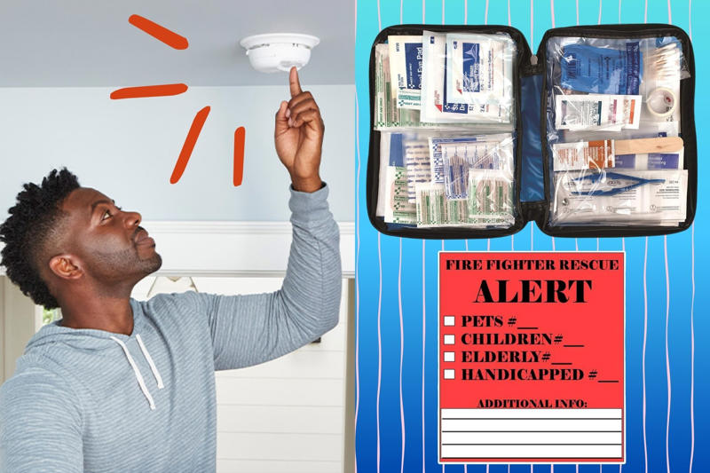 Working smoke alarms in every room, A fireproof safe for your valuables, Waterproof flashlights and batteries, Firefighter rescue alert stickers, Fire escape ladders, A portable power station, A hand-crank radio that can charge your phone, too, First-aid kit, Have two home fire extinguishers, Waterproof and moisture-proof pill organizer, A bag of toiletries, Carbon monoxide alarm, Supplies for your pet, A 2-pack of 9-volt batteries, Related...
