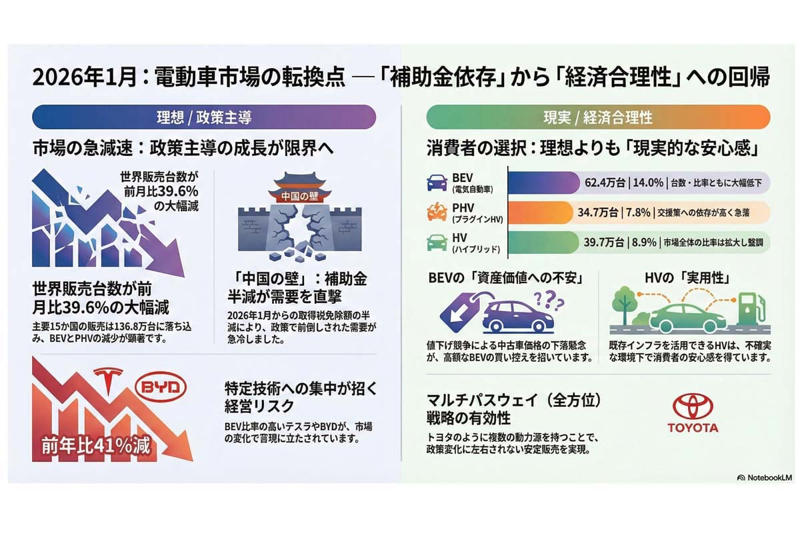 HVがシェアを伸ばした理由, 市場の前提を崩した補助金半減, 明暗を分ける価格弾力性, 電池依存構造の不確実性, 補助金なしで選ばれる理由