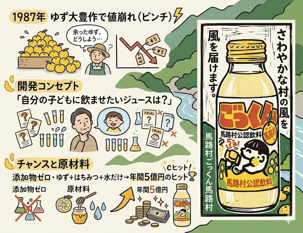 この記事で学べること, 「農家にお金が払えん」, 「見た目が悪い？潰してしまえ」, ぽん酢1本580円が年15億円になるまで, 「商品を売るな、村を売れ」, なぜ馬路村"だけ"が成功したのか, 150日間、自分の足で売った男, 大豊作が生んだ「ごっくん馬路村」, 「お客さんが喜ぶ農業へ舵を切ってみんかえ」, まとめ：「何もない」を武器にする4つの公式