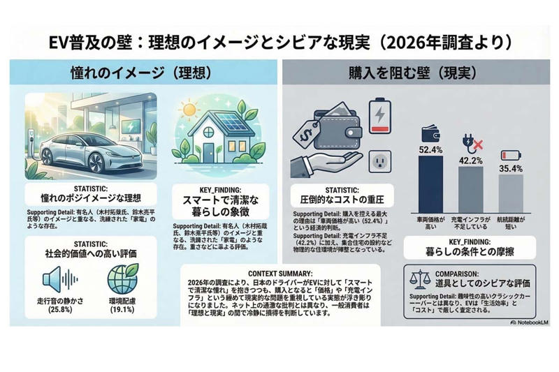 EVへの二極化する視線, 不安が並ぶ実用評価, クラシックカーとの対照, 実用と象徴の分裂, 技術ではなく生活構造の壁, イメージ先行の限界, 理想と現実の狭間