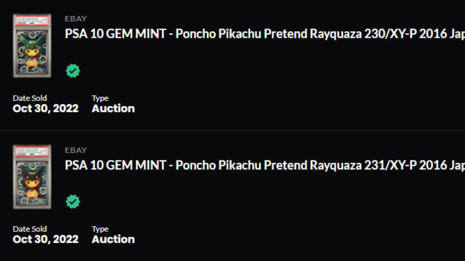 1. Pretend Team Skull Pikachu - 2018, 2. Pretend Team Skull Pikachu - 2026, 3. Poncho Rayquaza Pikachu - 2022, 4. Poncho Rayquaza Pikachu - 2025, 5. Poncho Charizard Pikachu - 2022, 6. Poncho Charizard Pikachu - 2025, 7. Pretend Gyarados/Magikarp Pikachu - 2017, 8. Pretend Gyarados/Magikarp Pikachu - 2026
