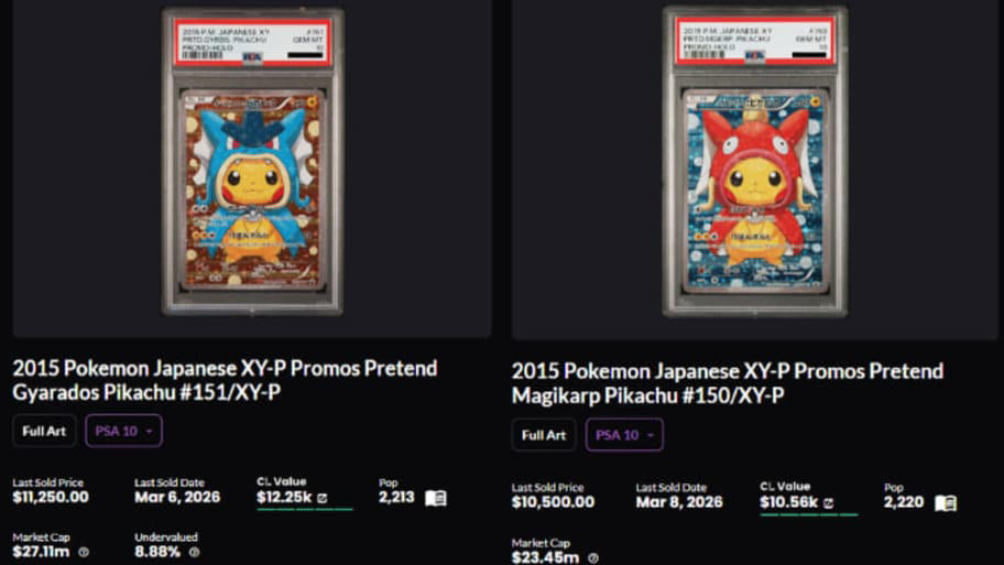 1. Pretend Team Skull Pikachu - 2018, 2. Pretend Team Skull Pikachu - 2026, 3. Poncho Rayquaza Pikachu - 2022, 4. Poncho Rayquaza Pikachu - 2025, 5. Poncho Charizard Pikachu - 2022, 6. Poncho Charizard Pikachu - 2025, 7. Pretend Gyarados/Magikarp Pikachu - 2017, 8. Pretend Gyarados/Magikarp Pikachu - 2026