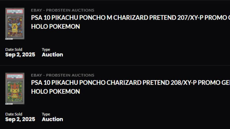 1. Pretend Team Skull Pikachu - 2018, 2. Pretend Team Skull Pikachu - 2026, 3. Poncho Rayquaza Pikachu - 2022, 4. Poncho Rayquaza Pikachu - 2025, 5. Poncho Charizard Pikachu - 2022, 6. Poncho Charizard Pikachu - 2025, 7. Pretend Gyarados/Magikarp Pikachu - 2017, 8. Pretend Gyarados/Magikarp Pikachu - 2026