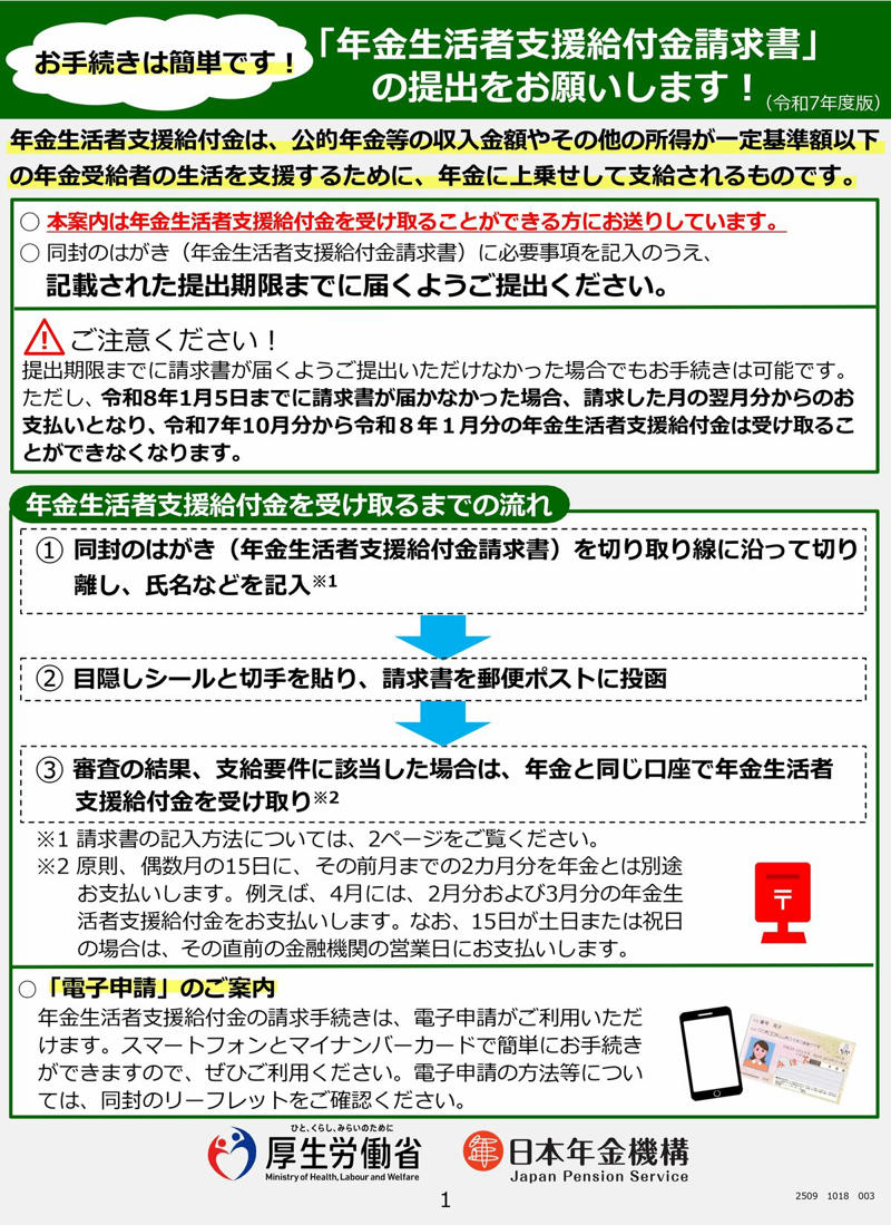 年金額には個人差がある, 年金生活者支援給付金の給付額はいくら？, 【2025年→2026年】年金生活者支援給付金の支給金額, 年金生活者支援給付金の支給対象となる人, 「老齢年金生活者支援給付金」支給対象, 年金生活者支援給付金は申請が必要？, 【毎年9月に順次送付】すでに年金受給中の人に「緑の封筒が届いたら」, 手続きは毎年必要？, 年金生活者支援給付金の請求書（はがき型）の確認方法, 年金生活者支援給付金は対象条件と申請確認が重要