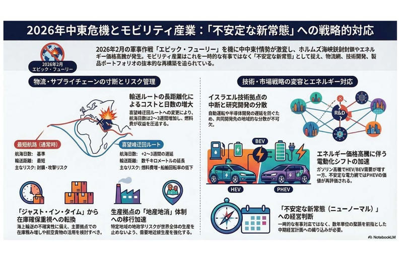 米イスラエルの対イラン空爆と中東緊張の急拡大, 長期化の可能性と米国政治の影響, ホルムズ海峡緊張と自動車物流網の揺らぎ, イスラエル情勢と次世代技術開発リスク, 原油高と電動車シフトの加速