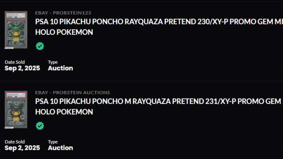 1. Pretend Team Skull Pikachu - 2018, 2. Pretend Team Skull Pikachu - 2026, 3. Poncho Rayquaza Pikachu - 2022, 4. Poncho Rayquaza Pikachu - 2025, 5. Poncho Charizard Pikachu - 2022, 6. Poncho Charizard Pikachu - 2025, 7. Pretend Gyarados/Magikarp Pikachu - 2017, 8. Pretend Gyarados/Magikarp Pikachu - 2026
