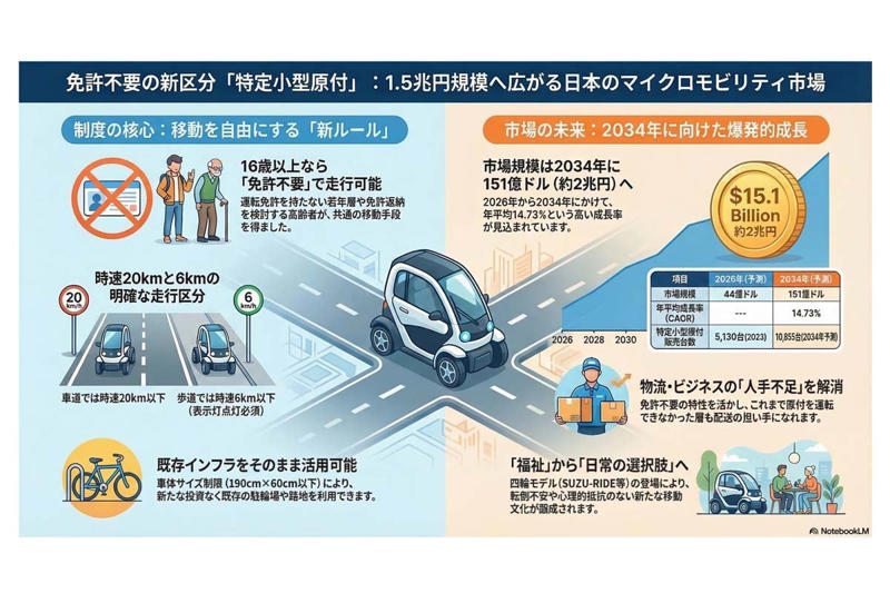 中速移動を公的に認めた制度の誕生, 免許不要が広げる利用者層, 四輪型モビリティという新しい提案, 広がる車両の種類と活用の場, 移動が収入を生む手段になる可能性