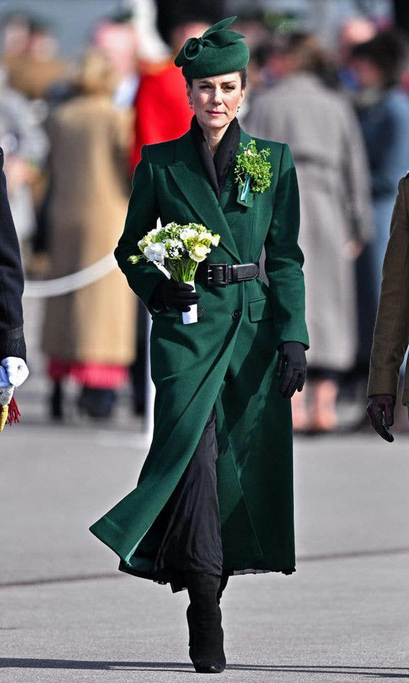 Royal arrival, Traditional shamrock, Pinning on the dog, Kate's outfit in full, Presenting shamrock, A laugh at the parade, Flower girl, Seamus leads the parade, Group photo