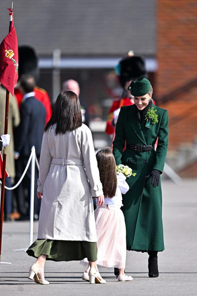 Royal arrival, Traditional shamrock, Pinning on the dog, Kate's outfit in full, Presenting shamrock, A laugh at the parade, Flower girl, Seamus leads the parade, Group photo