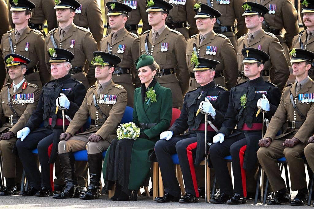 Royal arrival, Traditional shamrock, Pinning on the dog, Kate's outfit in full, Presenting shamrock, A laugh at the parade, Flower girl, Seamus leads the parade, Group photo