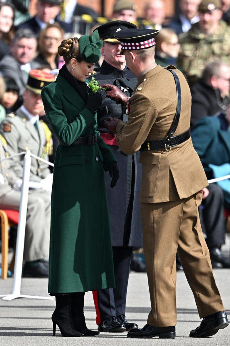 Royal arrival, Traditional shamrock, Pinning on the dog, Kate's outfit in full, Presenting shamrock, A laugh at the parade, Flower girl, Seamus leads the parade, Group photo
