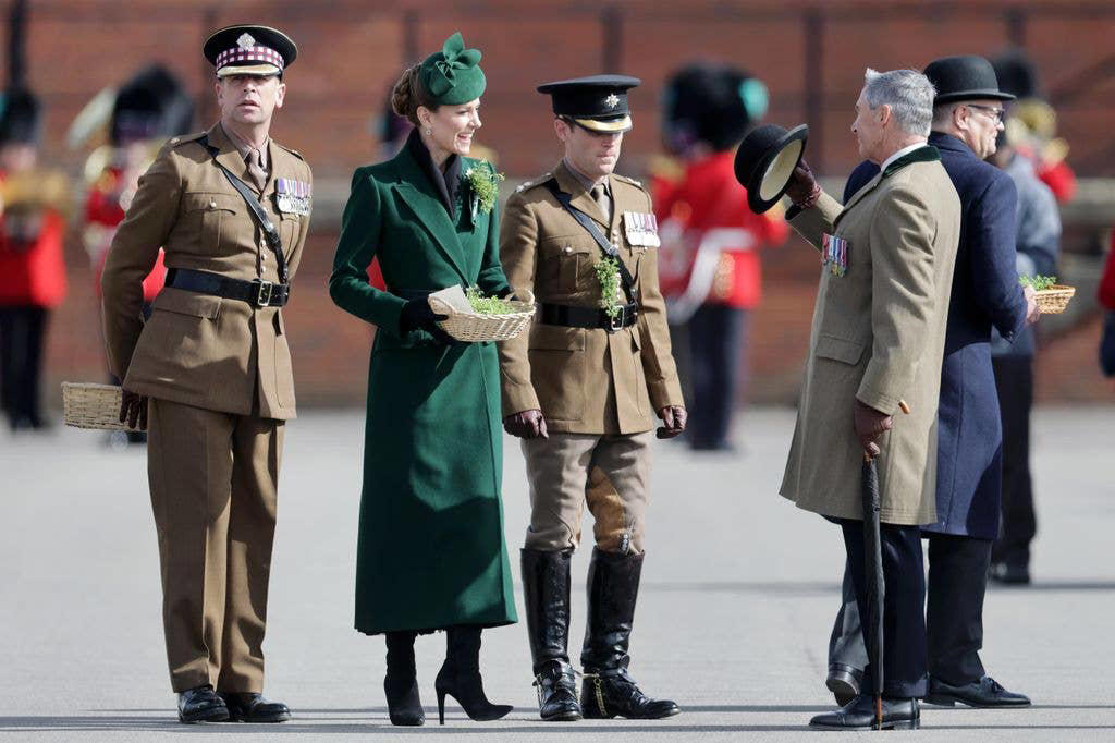 Royal arrival, Traditional shamrock, Pinning on the dog, Kate's outfit in full, Presenting shamrock, A laugh at the parade, Flower girl, Seamus leads the parade, Group photo