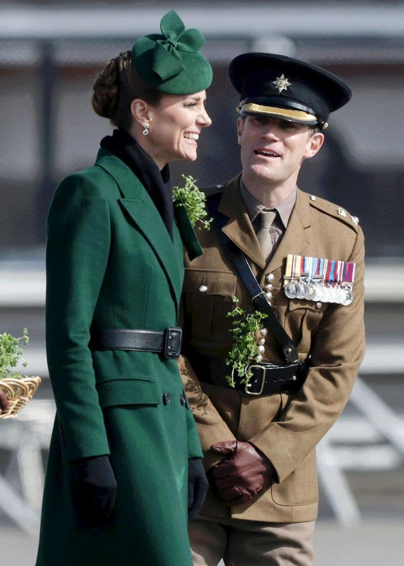 Royal arrival, Traditional shamrock, Pinning on the dog, Kate's outfit in full, Presenting shamrock, A laugh at the parade, Flower girl, Seamus leads the parade, Group photo