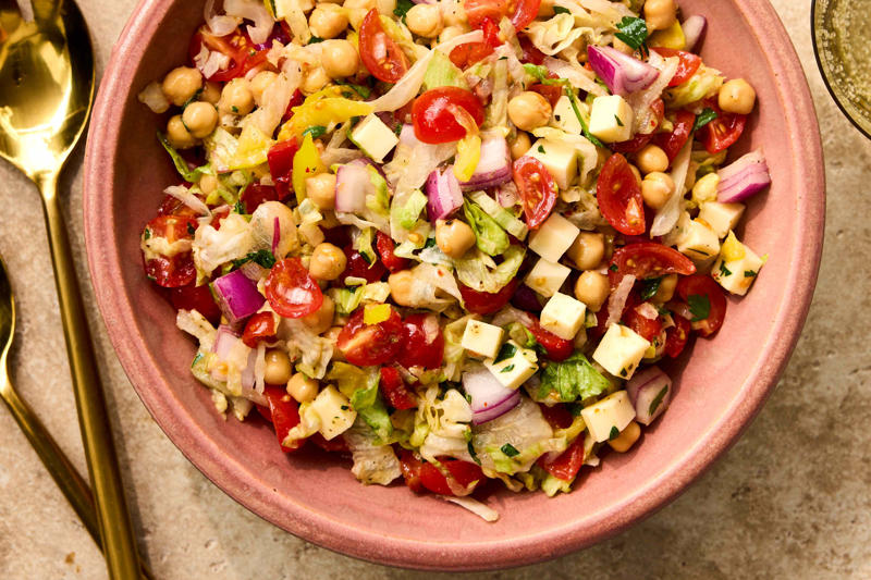 Loaded Chopped Taco Salad Bowl, Chopped Italian Chickpea Salad, Chopped Broccoli & Chickpea Salad, Chopped Salad with Italian Vinaigrette, Chickpea Chopped Salad with Pita Chips, Crunchy Chopped Salad, Copycat California Pizza Kitchen BBQ Chicken Chopped Salad, Chopped Salad with Chickpeas, Olives & Feta, Chopped Salad with Chickpeas, Mozzarella & Olives, Eat-the-Rainbow Chopped Salad with Basil & Mozzarella
