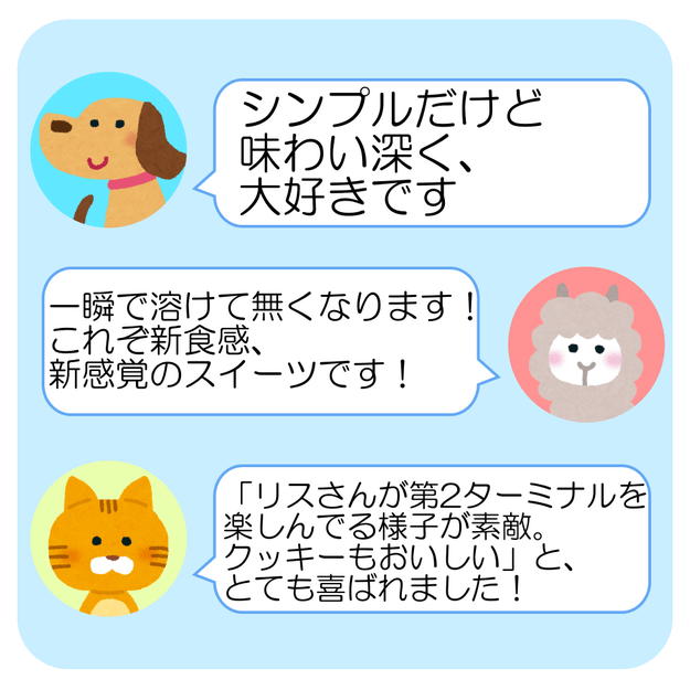 羽田空港では、リスが描かれた「限定パッケージクッキー」を販売中です。, 空港を楽しむ、リスたちの姿が描かれたパッケージ。, 4つずつ包装されているから、湿気らずに保管できます。, コロンとしたクッキーに、たっぷり粉糖がかかっています。, 口の中で溶けていく、“サクほろ感”がたまらない！, ほどよい甘さと、香ばしいくるみの相性がばつぐんです。, おみやげにぴったりな、かわいくておいしいクッキーです。, サクサクのクッキーなら、無印良品「ショコラのブールドネージュ」もおすすめです。, 上品な甘さでおいしい！サクサク食感もたまりません。
