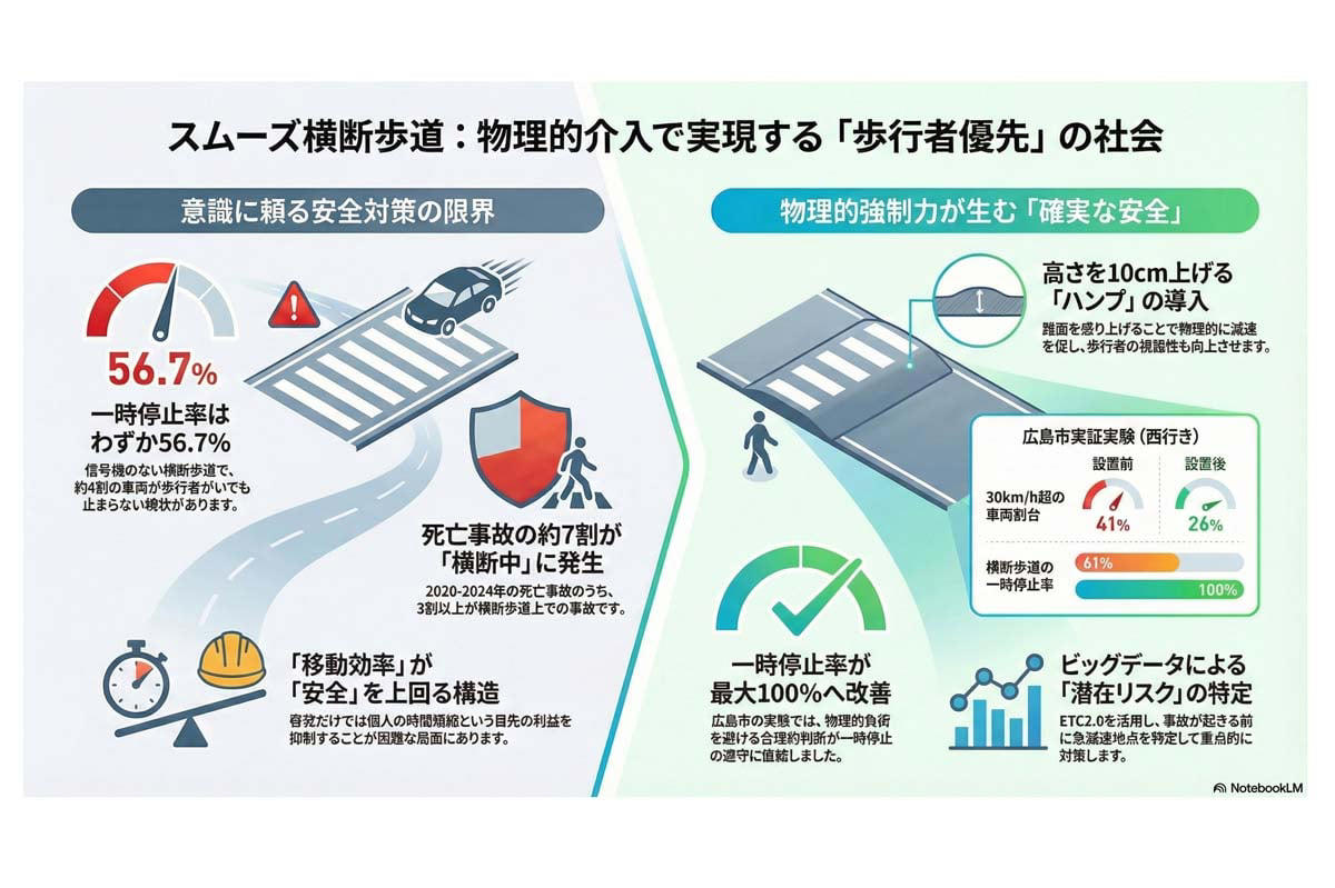 ルールを知っていても守られない「歩行者優先」, 全国でスムーズ横断歩道の実証実験が行われている理由, ゾーン30の効果を高める「停止率」と「速度低下」, 「データ」と「物理対策」を組み合わせた新しい交通安全, 意識に頼らぬ交通環境の確立へ