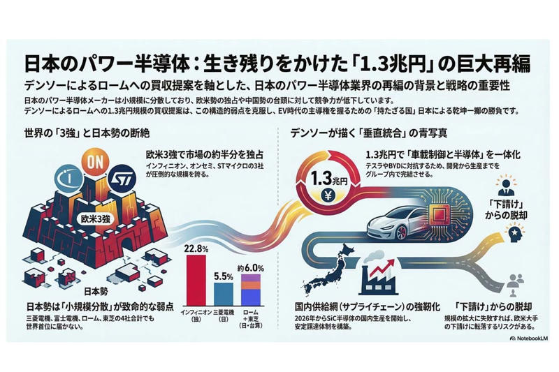日の丸パワー半導体の再編と電力主権の争奪, 1.3兆円の巨額投資と国内供給網の強化, 欧米三強との圧倒的格差と海外メディアの冷徹な視線, 経済安保の要請と国内勢の足並みの乱れ, 日本式垂直統合への転換と産業の主導権争い, 次世代供給網の死守と日本製造業の存亡を懸けた攻防
