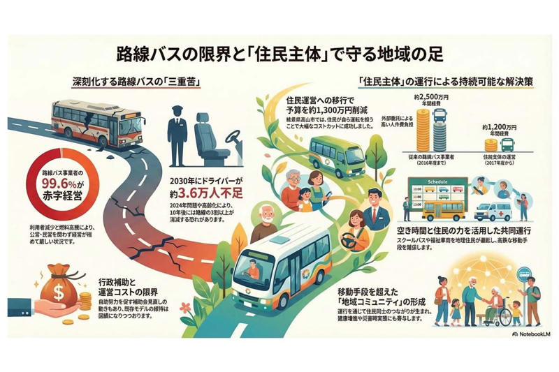 路線バスの窮状と新潮流, 深刻な担い手不足と事業限界, 規制緩和の副作用と支援の壁, 送迎車両の共同利用促進, 事例：高山市高根地域の住民主体バス, 事例：世田谷区玉川地域のコミュニティーバス, 事例：兵庫県宍粟地域の「思いやり号」, 地域再生と生活の質向上, 自助による持続可能な交通