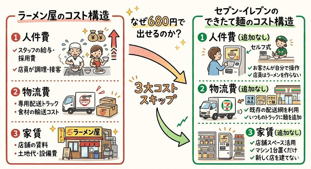 この記事で学べること, 蓋を開けた瞬間、ラーメン屋の匂いがした, なぜ680円で外食レベルが出せるのか。「3大コストスキップ」, これ「解凍」やない。「調理」してる, セブンカフェが30年かけて証明したこと, もう1つの挑戦者。冷凍ラーメン自販機との「100倍の差」, セブンの勝ちパターン：「常識」を壊して、仕組みをコピペする, まとめ：セブンの「できたて麺」から盗める5つのこと