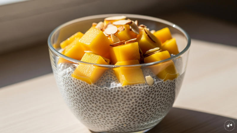 Chia Pudding: Chia seeds soaked overnight in milk turn into a creamy pudding that can be topped with fruits or nuts for a healthy start to the day. (AI generated image)