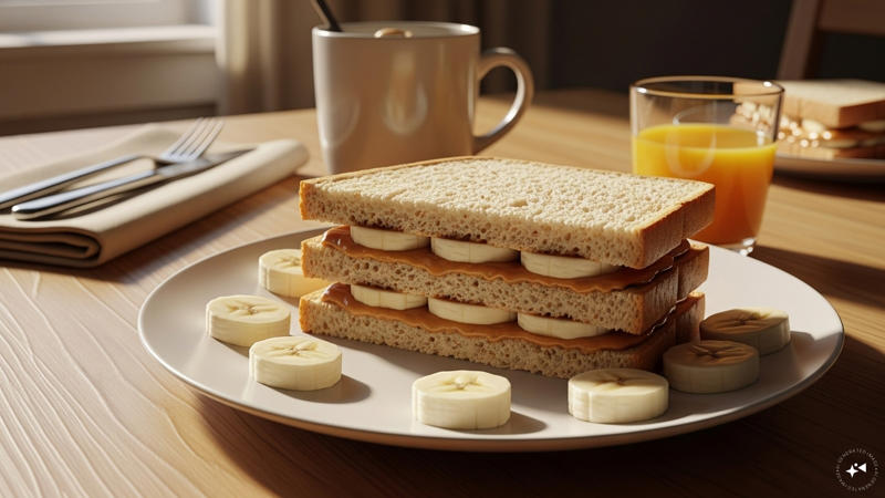 Peanut Butter Banana Sandwich: This quick sandwich combines whole wheat bread, peanut butter and banana for a filling breakfast packed with protein and energy. (AI generated image)
