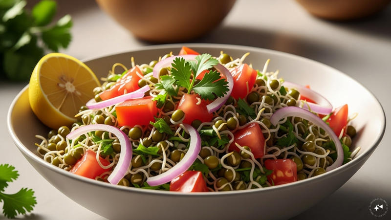 Sprouts Salad: Protein-rich moong sprouts mixed with onions, tomatoes, lemon juice and spices make a light yet energising breakfast. (AI generated image)