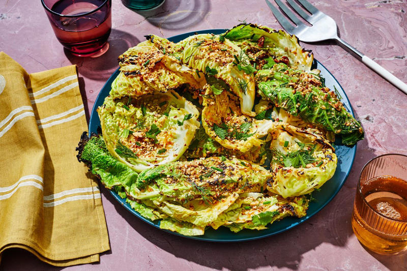 Charred Cabbage Salad with Pecan Dukkah and Chile-Lime Butter, One-Pot Creamy Cabbage Pasta, Korean Cabbage Pancakes, Buttery Irish Cabbage, Apple Cider–Braised Cabbage, Gingery Creamed Kale and Cabbage, Caramelized Cabbage with Caraway-Chili Crisp, Charred Cabbage with Coconut, Garlic, and Chili Crisp, Cabbage and White Bean Soup with Crispy Prosciutto, Feta and Cabbage Pierogi, Coconut-Lime Chicken and Cabbage Salad, Charred Cabbage with Ssamjang Butter, Coconut-Cabbage Soup with Lemongrass, Braised Chicken Thighs with Sauerkraut, Sautéed Cabbage with Herbs, Niños Envueltos Dominicanos (Dominican Stuffed Cabbage Rolls), Mul Kimchi (White Kimchi), Red Cabbage Salad with Baked Cherries, Apples, and Almond Dukkah, Buttery Cabbage-and-Sausage Pasta, Lillian’s Whole Stuffed Cabbage, Classic Coleslaw, Cabbage and Speck Panade, Braised Red Cabbage with Apples and Bacon, Napa Cabbage Pockets with Tofu, Pan-Seared Skirt Steaks with Carrot Puree and Braised Cabbage, Vigorón (Nicaraguan Cabbage and Yuca with Chicharrones), Charred Cabbage Wedges with Anchovies and Parmesan, Corned Beef and Cabbage, Quick Red Cabbage Slaw, Potato and Smoked Fish Cabbage Rolls, Red Cabbage Salad with Fennel, Orange, and Pepitas, Avocado and Cabbage Slaw, Meat-Stuffed Cabbage Cakes, Red Cabbage Stir-Fry with Coconut