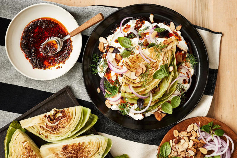 Charred Cabbage Salad with Pecan Dukkah and Chile-Lime Butter, One-Pot Creamy Cabbage Pasta, Korean Cabbage Pancakes, Buttery Irish Cabbage, Apple Cider–Braised Cabbage, Gingery Creamed Kale and Cabbage, Caramelized Cabbage with Caraway-Chili Crisp, Charred Cabbage with Coconut, Garlic, and Chili Crisp, Cabbage and White Bean Soup with Crispy Prosciutto, Feta and Cabbage Pierogi, Coconut-Lime Chicken and Cabbage Salad, Charred Cabbage with Ssamjang Butter, Coconut-Cabbage Soup with Lemongrass, Braised Chicken Thighs with Sauerkraut, Sautéed Cabbage with Herbs, Niños Envueltos Dominicanos (Dominican Stuffed Cabbage Rolls), Mul Kimchi (White Kimchi), Red Cabbage Salad with Baked Cherries, Apples, and Almond Dukkah, Buttery Cabbage-and-Sausage Pasta, Lillian’s Whole Stuffed Cabbage, Classic Coleslaw, Cabbage and Speck Panade, Braised Red Cabbage with Apples and Bacon, Napa Cabbage Pockets with Tofu, Pan-Seared Skirt Steaks with Carrot Puree and Braised Cabbage, Vigorón (Nicaraguan Cabbage and Yuca with Chicharrones), Charred Cabbage Wedges with Anchovies and Parmesan, Corned Beef and Cabbage, Quick Red Cabbage Slaw, Potato and Smoked Fish Cabbage Rolls, Red Cabbage Salad with Fennel, Orange, and Pepitas, Avocado and Cabbage Slaw, Meat-Stuffed Cabbage Cakes, Red Cabbage Stir-Fry with Coconut
