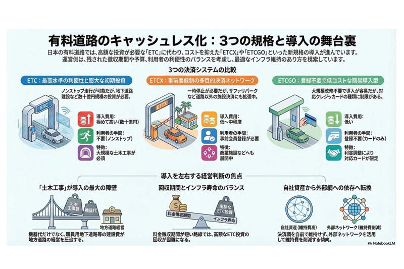 キャッシュレス化の転換期, 導入を阻む費用の壁, 規格間の競争と特性, 道路外展開の戦略, 経営判断と移動の価値