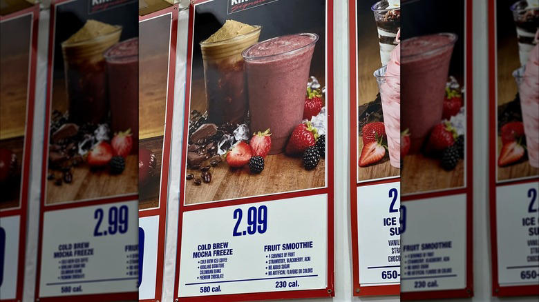 Fruit smoothie, Kirkland Signature semi-sweet chocolate chips, Kirkland Signature Sport Drink, Kirkland Signature country French bread, Kirkland Signature jumbo muffins, Soda fountain Pepsi