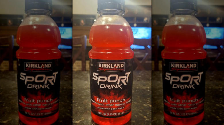 Fruit smoothie, Kirkland Signature semi-sweet chocolate chips, Kirkland Signature Sport Drink, Kirkland Signature country French bread, Kirkland Signature jumbo muffins, Soda fountain Pepsi