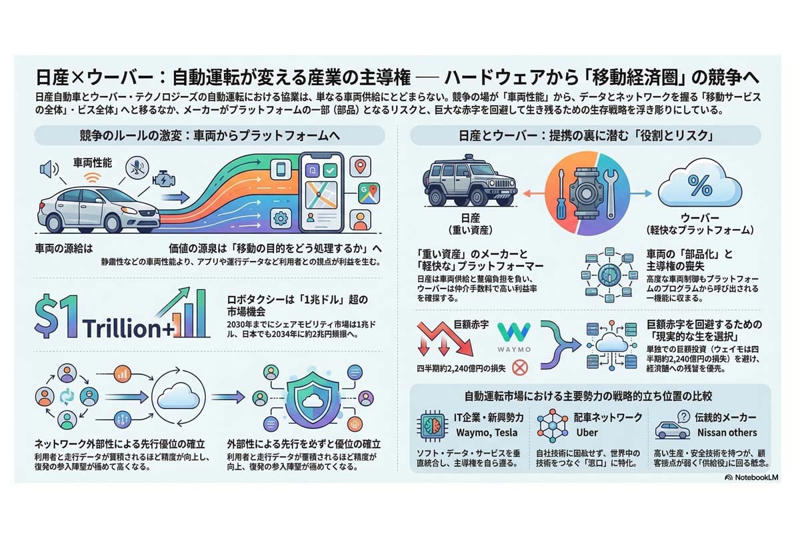 勝者総取りが起きる領域, 巨大経済圏の構造, 日本企業が苦戦する理由, 日産とUberの協業は「敗北」なのかという問い, 巨大市場の争奪戦, 車ではない領域にある真の競争, 日本が作るべきもの, 日産の選択が示すもの