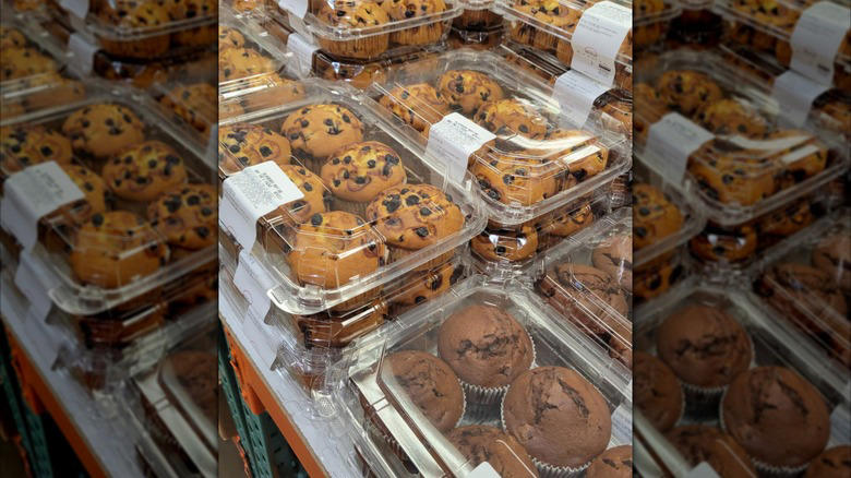 Fruit smoothie, Kirkland Signature semi-sweet chocolate chips, Kirkland Signature Sport Drink, Kirkland Signature country French bread, Kirkland Signature jumbo muffins, Soda fountain Pepsi