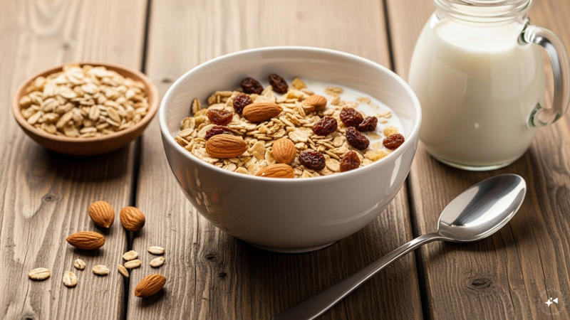 Muesli with Milk: A bowl of muesli with milk or yogurt offers a quick breakfast packed with grains, nuts and dried fruits. (AI generated image)