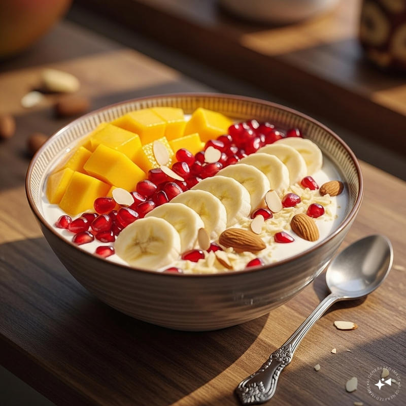Fruit and Yogurt Bowl: A bowl of yogurt topped with seasonal fruits, nuts and honey makes a refreshing and nutritious breakfast that requires no cooking. (AI generated image)