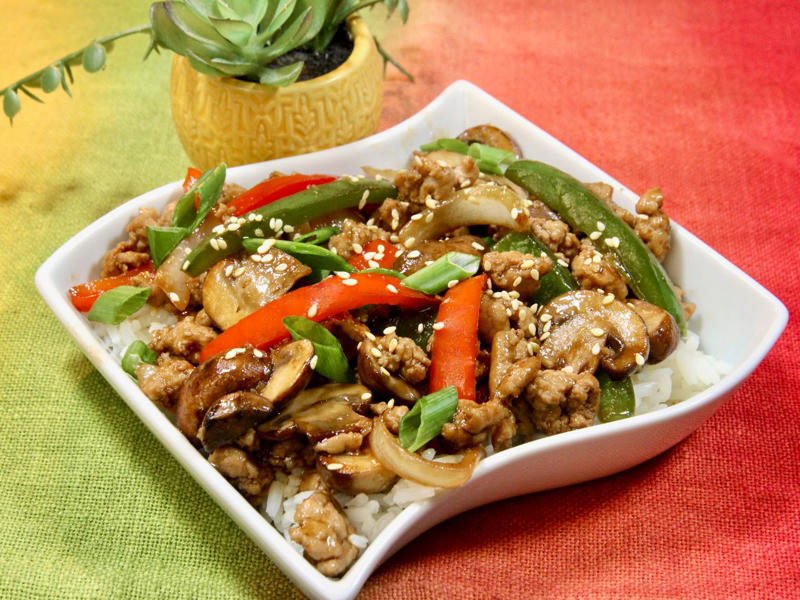 Monday: Broccoli and Rice Stir-Fry, Tuesday: Sweet and Sour Chicken Stir-Fry, Wednesday: Broccoli and Chicken Stir-Fry, Thursday: Ground Turkey Stir-Fry with Vegetables, Friday: Black Pepper Beef and Cabbage Stir-Fry, Saturday: Shrimp and Asparagus Stir-Fry, Sunday: Myra's Basil Chicken Stir-Fry