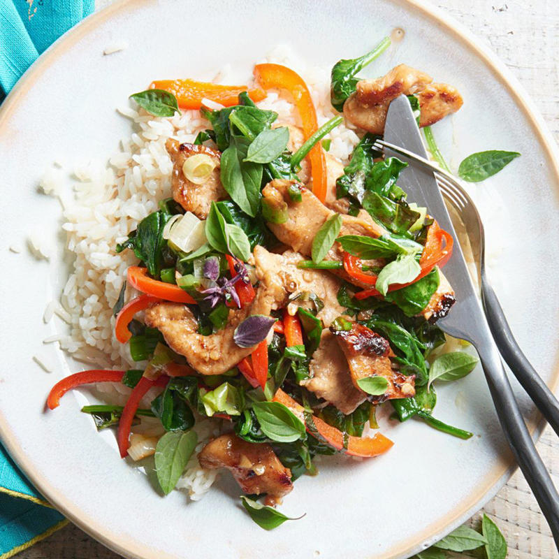 Monday: Broccoli and Rice Stir-Fry, Tuesday: Sweet and Sour Chicken Stir-Fry, Wednesday: Broccoli and Chicken Stir-Fry, Thursday: Ground Turkey Stir-Fry with Vegetables, Friday: Black Pepper Beef and Cabbage Stir-Fry, Saturday: Shrimp and Asparagus Stir-Fry, Sunday: Myra's Basil Chicken Stir-Fry