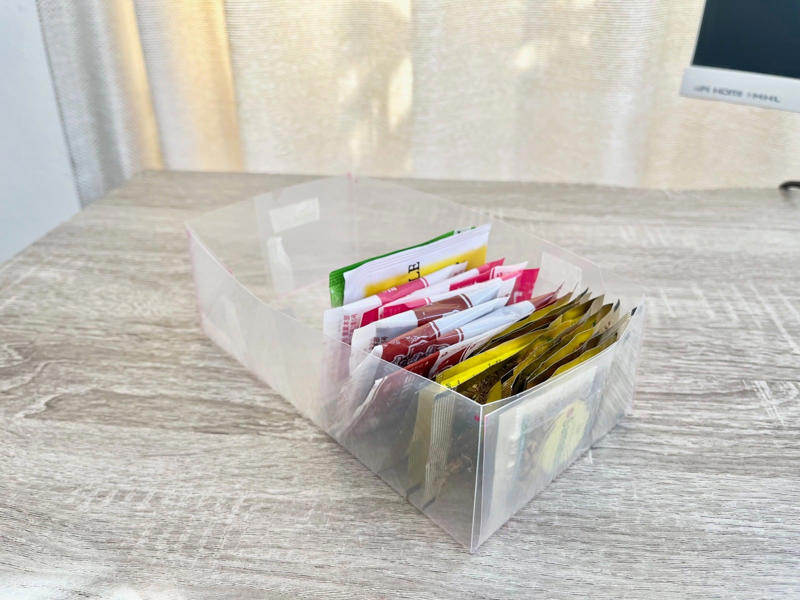 1.紅茶のパックやミルメークの収納に, 2.種類がバラバラのお菓子もすっきり, 3.鉛筆などの文房具入れに, 4.冷蔵庫の野菜室の仕切りに