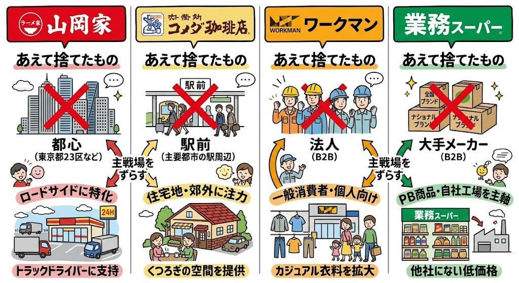 この記事で学べること, 深夜3時の国道。明かりが灯ってる店, 「火を止められない」から全部が決まった, 弁当屋の挫折が「全店直営」を決めた, 店舗数4倍の競合を売上で抜く「異常値」, M&amp;A元年に「何も買わなかった」, 意図しない3つの追い風, コメダ、ワークマン、業務スーパー。全部「あえて捨てた」会社, まとめ：「仕方なく」が全部を決めた5つの法則