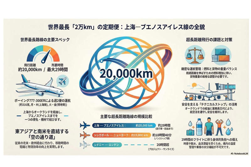 上海発ブエノスアイレス行き「マラソンルート」を開設, 大陸を横断し半球を結ぶ意味, 直行便とノンストップ便, 超長距離路線の今後と課題