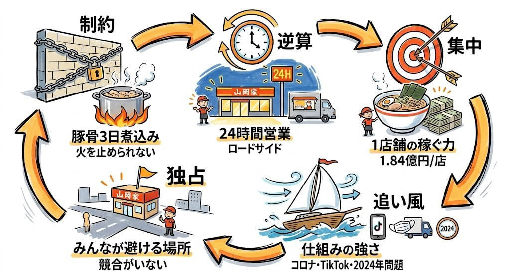 この記事で学べること, 深夜3時の国道。明かりが灯ってる店, 「火を止められない」から全部が決まった, 弁当屋の挫折が「全店直営」を決めた, 店舗数4倍の競合を売上で抜く「異常値」, M&amp;A元年に「何も買わなかった」, 意図しない3つの追い風, コメダ、ワークマン、業務スーパー。全部「あえて捨てた」会社, まとめ：「仕方なく」が全部を決めた5つの法則