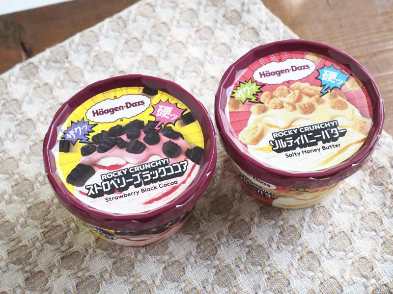 “ザク硬”食感の新シリーズ！「ROCKY CRUNCHY!」とは？, ポップな世界観のパッケージにも注目, 甘酸っぱいストロベリー × ビターココア, コク深いバタースカッチ × ハニー