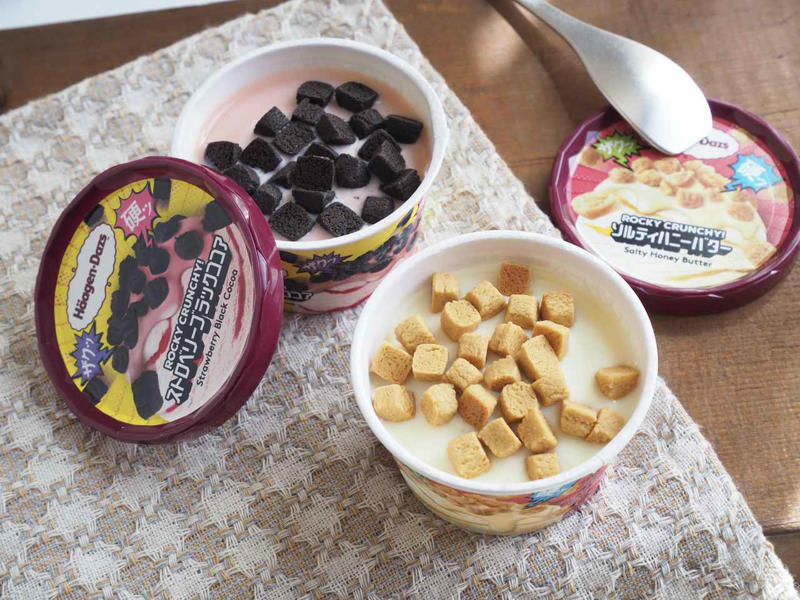 “ザク硬”食感の新シリーズ！「ROCKY CRUNCHY!」とは？, ポップな世界観のパッケージにも注目, 甘酸っぱいストロベリー × ビターココア, コク深いバタースカッチ × ハニー