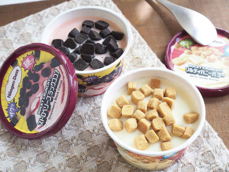 “ザク硬”食感の新シリーズ！「ROCKY CRUNCHY!」とは？, ポップな世界観のパッケージにも注目, 甘酸っぱいストロベリー × ビターココア, コク深いバタースカッチ × ハニー