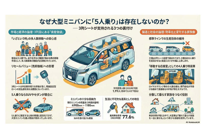 ミニバンの利用実態は「5人以下中心か否か」, 過去の「4人乗り超高級仕様」の登場実績, 5人乗り需要におけるSUV・セダンの代替可能性, 市場を縮小させる少子化と世帯構造の変化, 「いざという時」に応える価値
