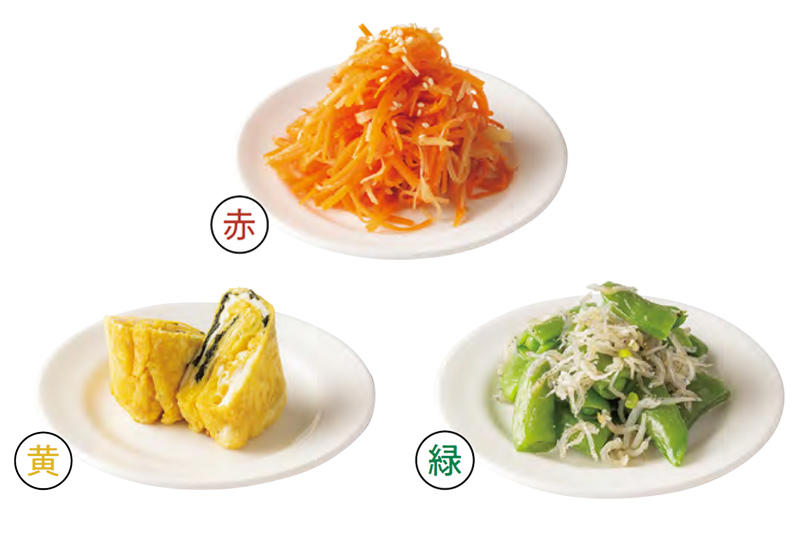 「彩り」で見ためと栄養を整える, 赤：にんじんと新しょうがのナムル, 黄：焼きのり入り玉子焼き, 緑：スナップえんどうとじゃこのあえもの